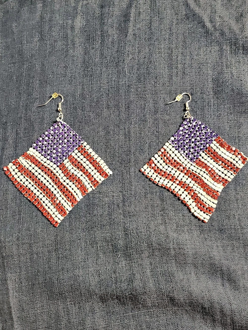 Beaded American Flag Drop Earrings in Red & Purple Like New
